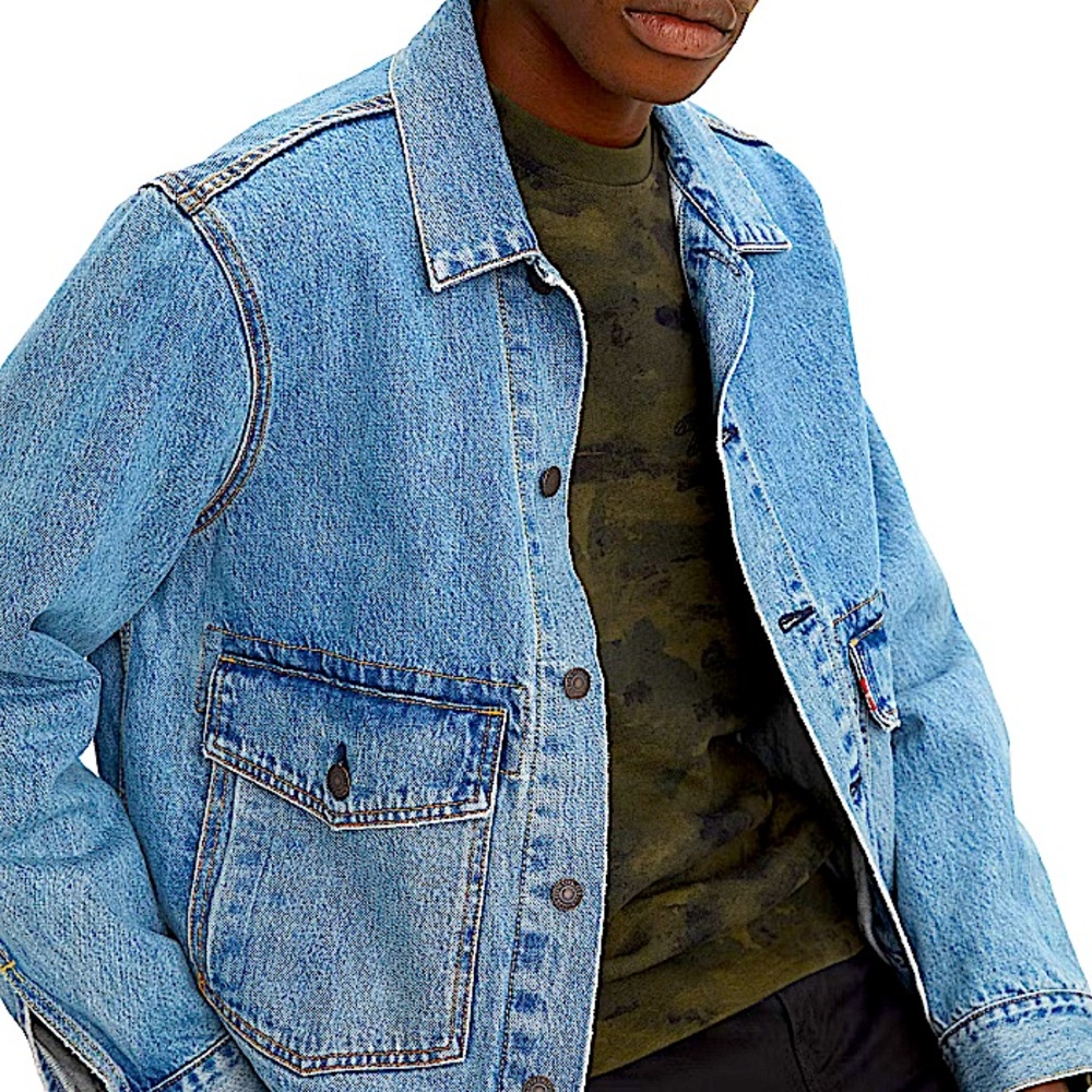 Levi's Light Blue Denim Jacket with Olive Green Shirt Layer